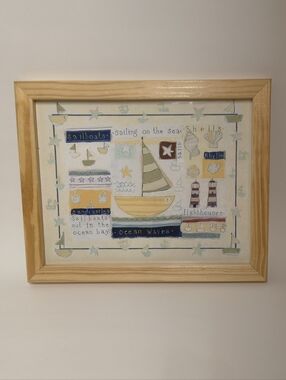 Nautical Sailboat Wall Art in Natural Wood Frame - Yellow & Blue